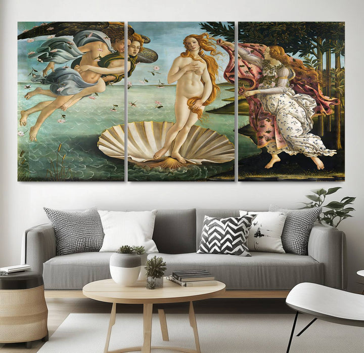 A canvas print of Botticellis The Birth of Venus is displayed on the wall.