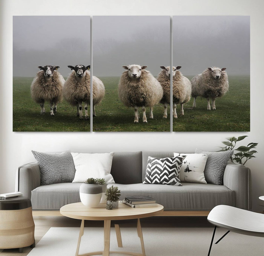 The Flock of Sheep in a Mystical Fog canvas print is framed and ready to hang.