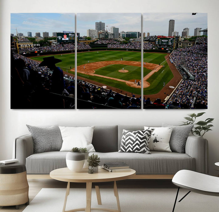 Admire this museum-quality canvas print of a Chicago Cubs game with a cityscape view from the stands at Wrigley Field.