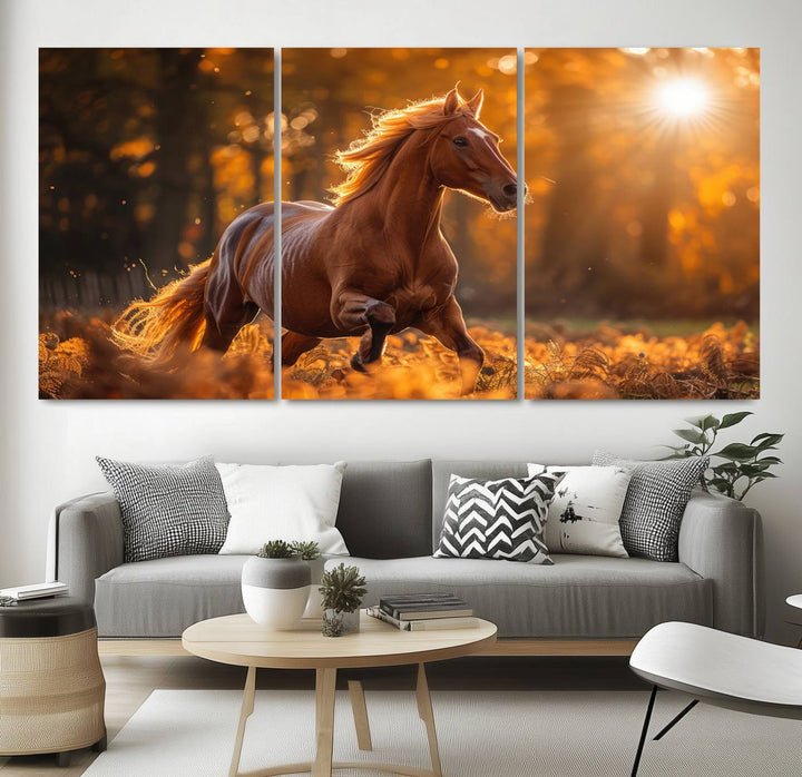 The Running Horse Sunset Forest Wall Art Canvas Print showcases a gallop in an autumn forest with sunlight streaming through the trees.