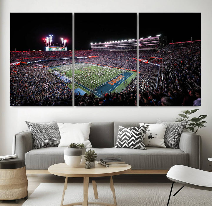 The Gators Night Game Canvas Art captures a lively night at Ben Hill Griffin Stadium with vibrant fireworks and the energy of a live band.