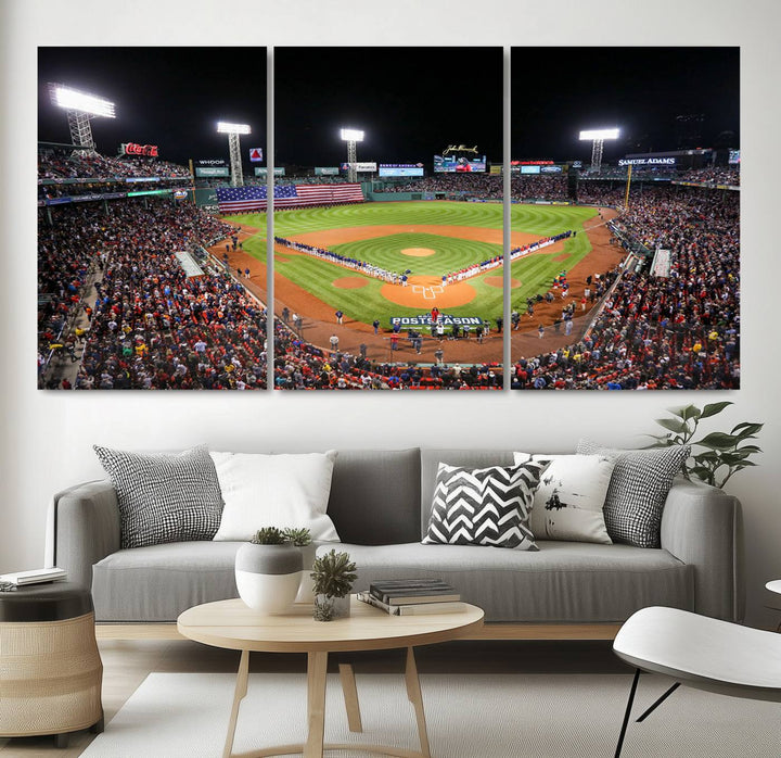 The Fenway Park Wall Art Canvas Print showcases a stunning aerial view of Bostons iconic ballpark at night, making it an ideal piece for any Red Sox enthusiast.