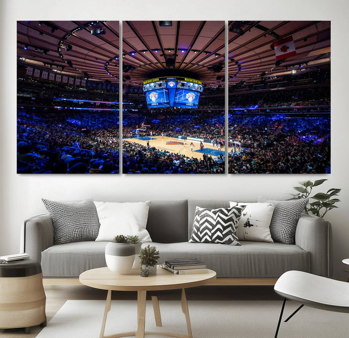 A print depicting an NBA game at Madison Square Garden, highlighting the scoreboard.