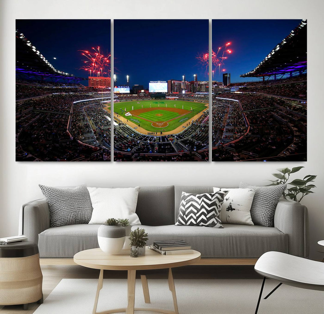 Truist Park wall art: fireworks over a Braves crowd, a large 3-panel canvas, framed and ready-to-hang.