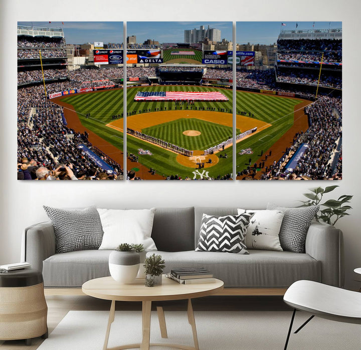 The Yankee Stadium New York wall art print features a vibrant scene of baseball fans with a large flag and players, expertly capturing the spirit of the game. This ready-to-hang décor is perfect for adding a dynamic touch to any space.