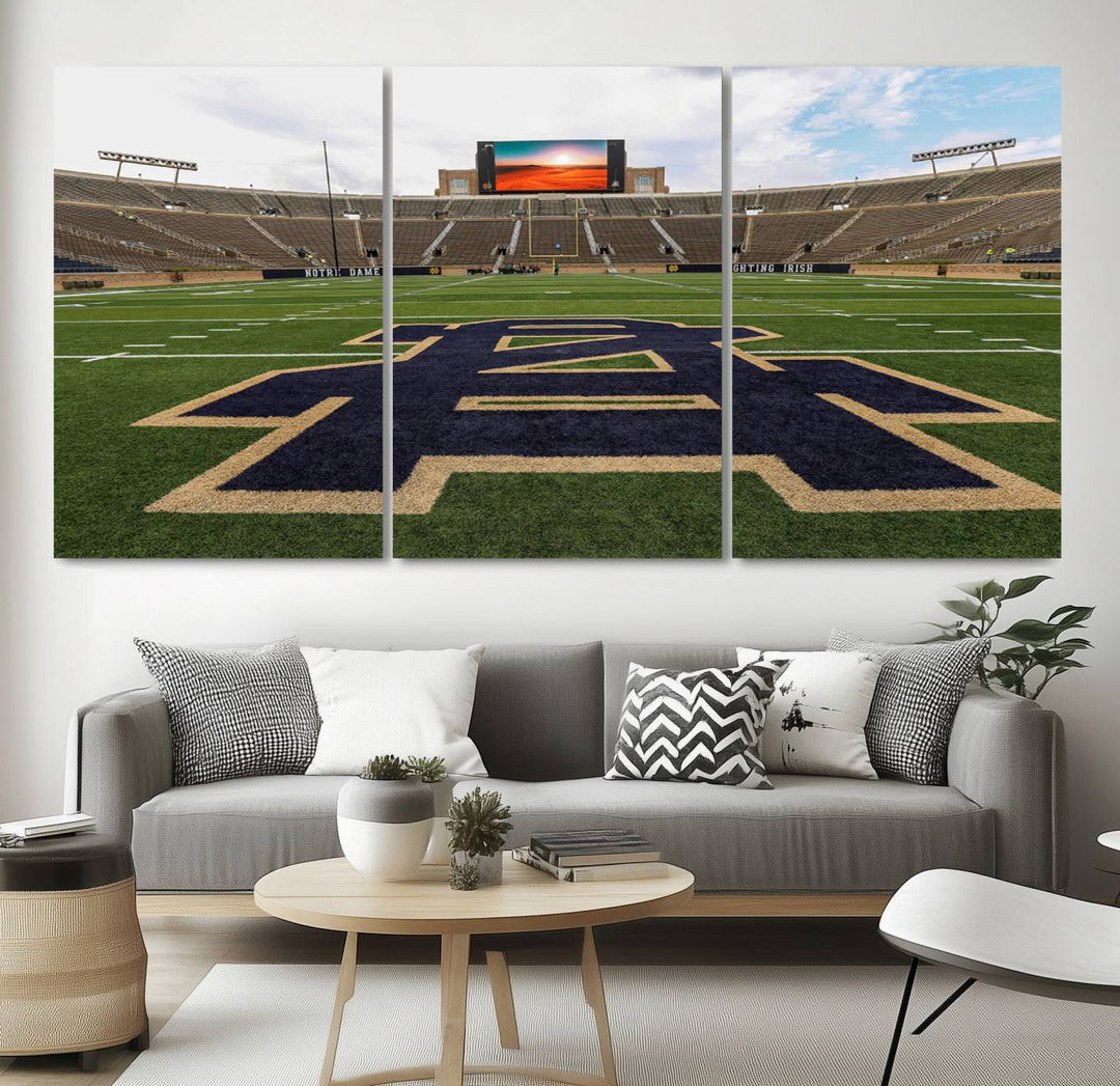 Notre Dame Stadium Triptych: This ready-to-hang giclee canvas print features a vibrant depiction of the football field adorned with an A logo and a stunning sunset.