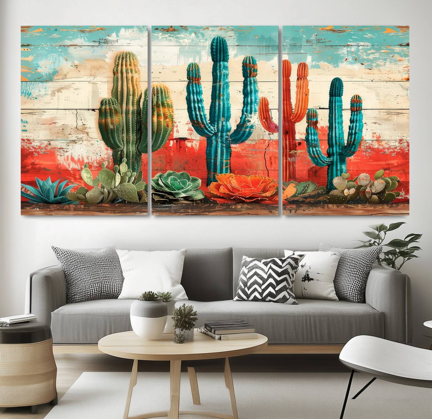 A vivid southwestern-style artwork featuring an eclectic mix of cacti and succulents painted against a textured, rustic wood backdrop in rich turquoise, red, and orange hues.