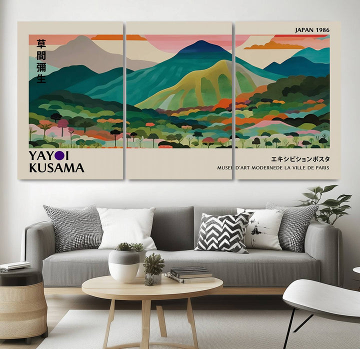 Vibrant Kusama landscape canvas featuring floral mountains and botanical decor, ideal for a modern home.