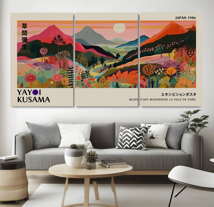 The Yayoi Kusama Landscape Print features vibrant floral mountains with abstract designs, ideal for modern decor.