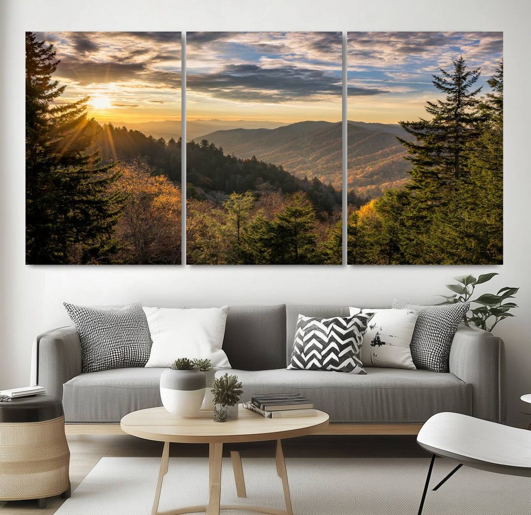 The dining area is beautifully decorated with the Sunrise Over the Smoky Mountains Canvas Wall Art – a breathtaking scenic landscape photography in a stunning triptych that's ready to hang.