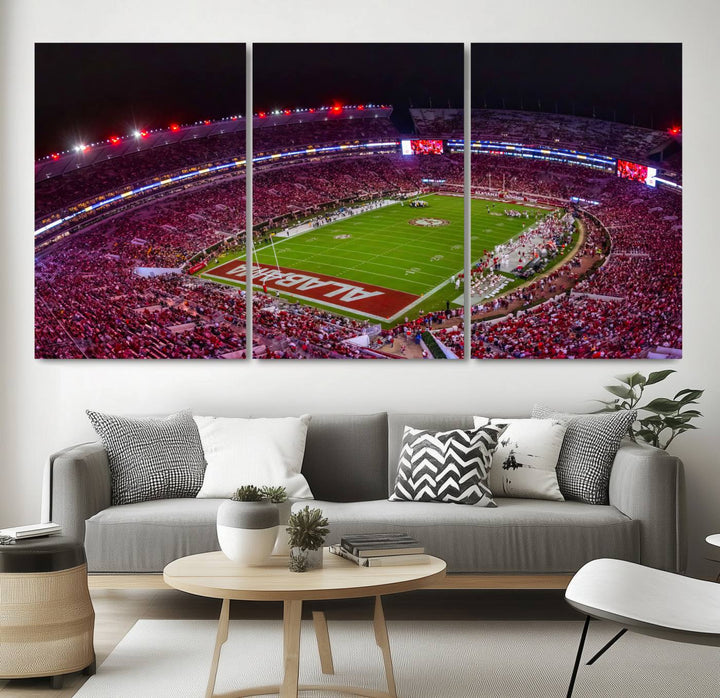 The living room features a Bryant-Denny Stadium Night Game Triple Canvas Wall Art.