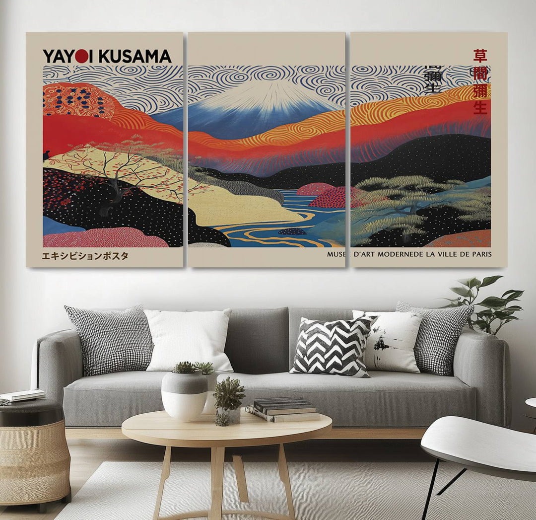 A framed Yayoi Kusama 1986 wall art print, showcasing vibrant abstract landscapes with a Wabi Sabi influence, is prominently displayed as a Japanese wall art piece.