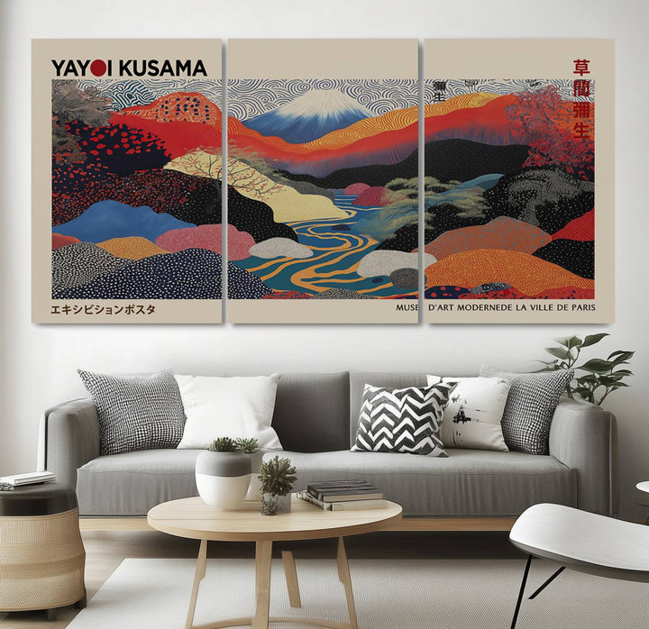 The room showcases Kusamas 1986 vibrant abstract landscape wall art print.