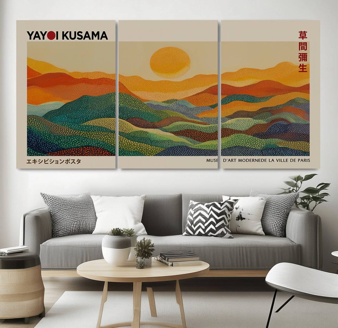 The vibrant abstract landscape depicted in the three-panel "Framed Yayoi Kusama 1986 Wall Art Print" seamlessly integrates nature-inspired décor.