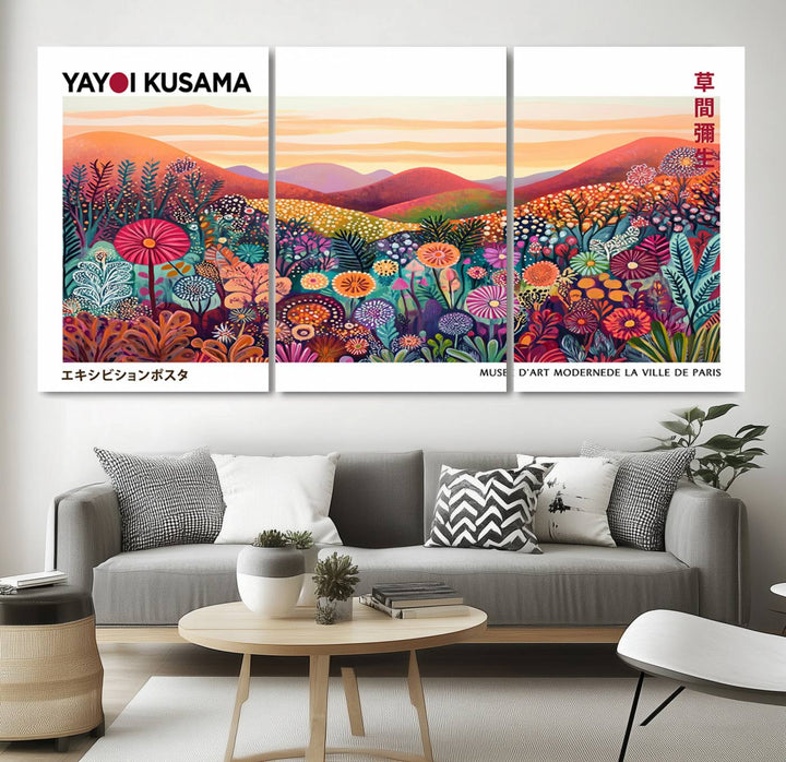 A Framed Yayoi Kusama 1986 Wall Art Print, showcasing a vibrant abstract landscape with flowers and reflecting the Wabi Sabi style, is displayed.