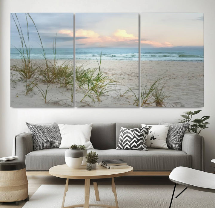 Flight Over Coastal Beach print on UV canvas displayed against white walls.