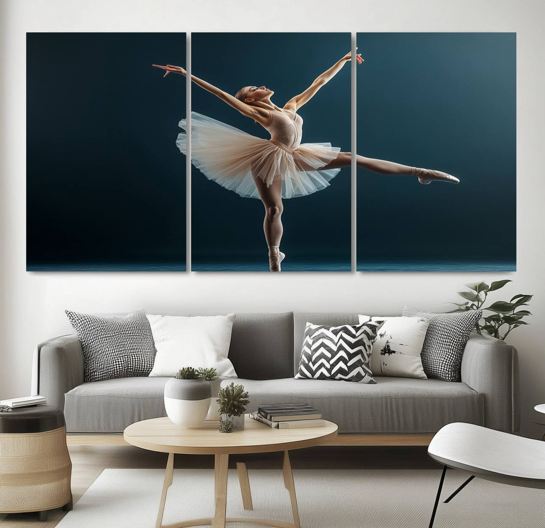 This stunning Ballerina Canvas Wall Art Print captures the elegance of a ballet dancer in motion, beautifully highlighted against a stage-like backdrop with delicate decor and natural elements. As graceful dance-inspired wall decor, it adds an element of grace and movement to any living room, office, or bedroom and is ready to hang.