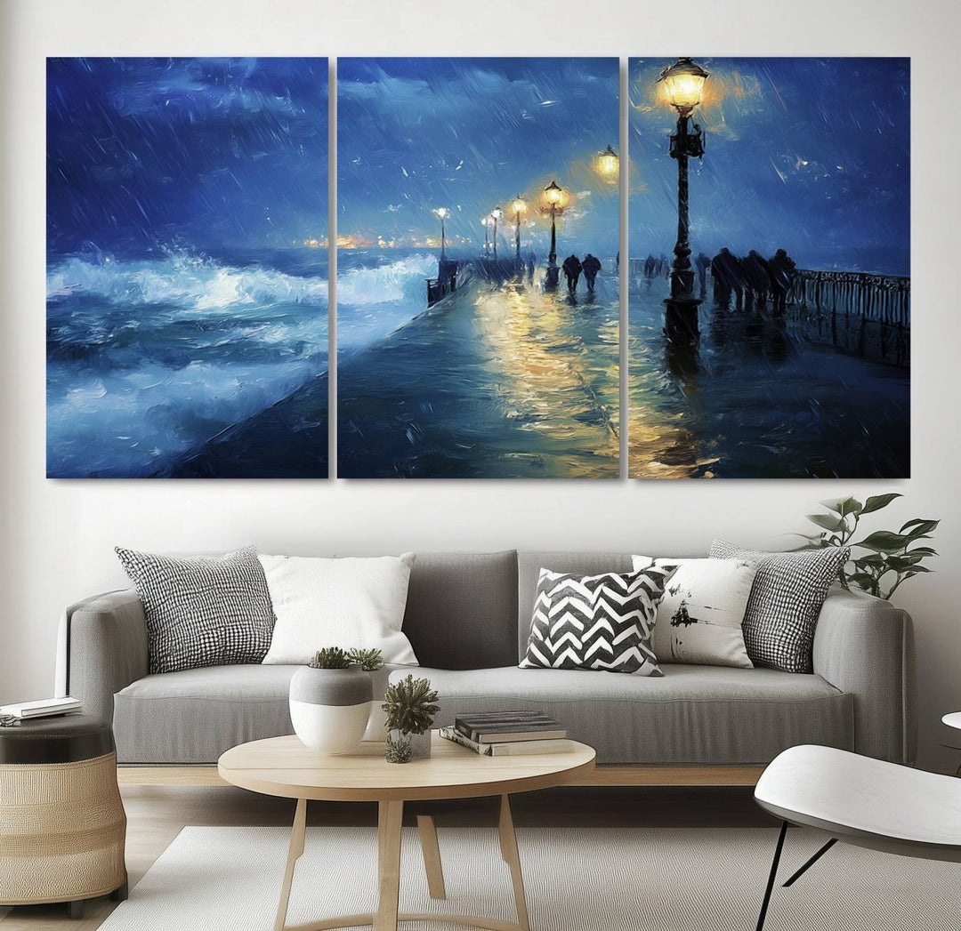 Abstract Stormy Ocean Pier Canvas Wall Art Print under streetlamps.