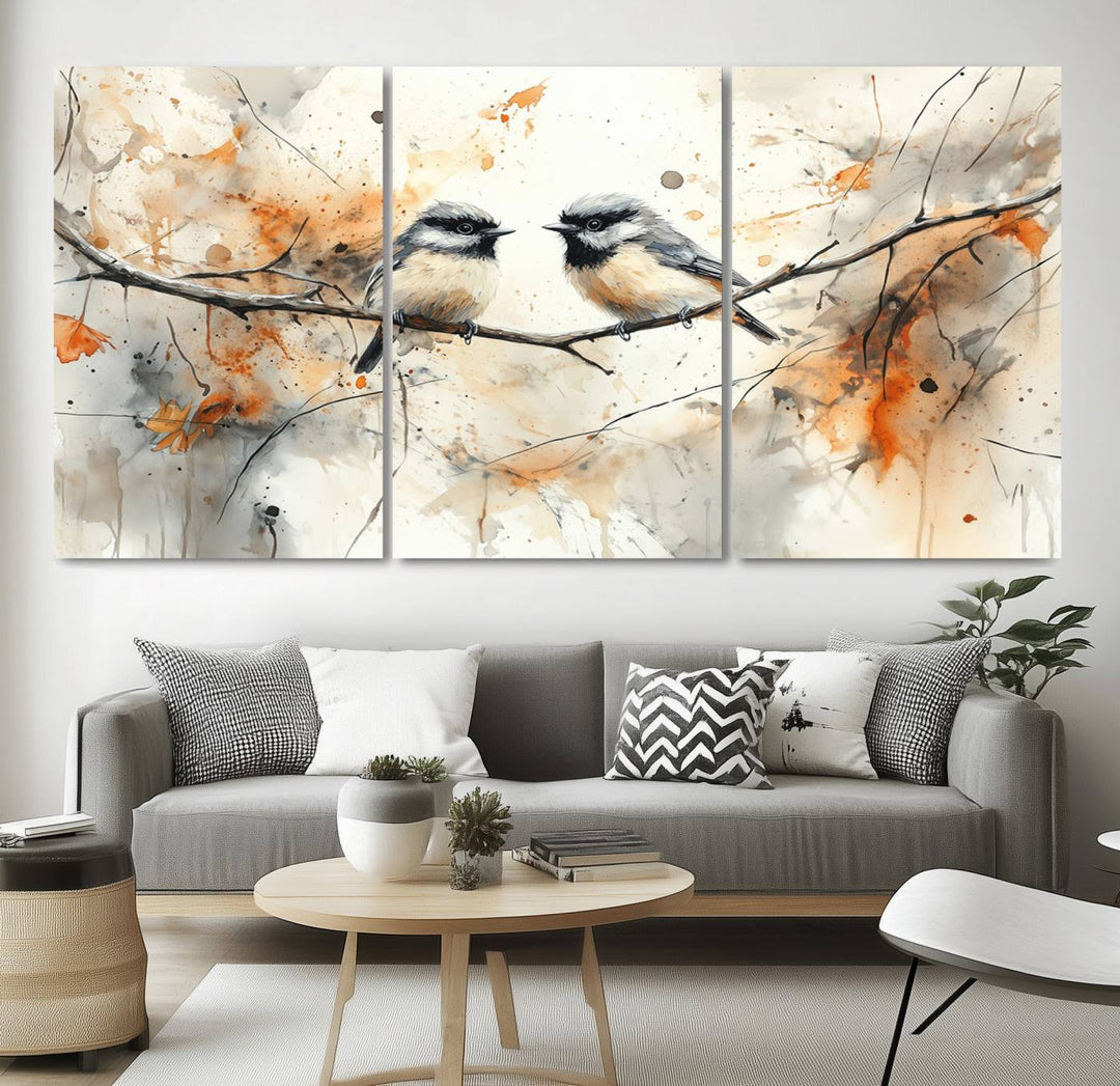 Abstract Watercolor Chickadee Bird Canvas Wall Art Print - Large Bird and Branch Wall Art, Modern Wildlife Wall Decor