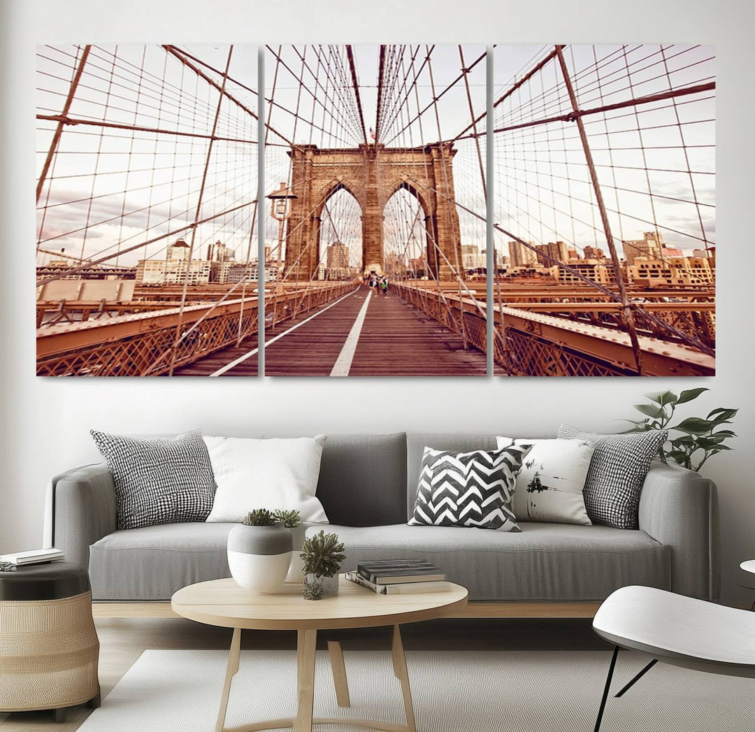 The three-panel "Wall Art New York Manhattan Cityscape Canvas Print" of the Brooklyn Bridge makes an ideal addition to minimalist interiors, capturing the essence of abstract expressionism.