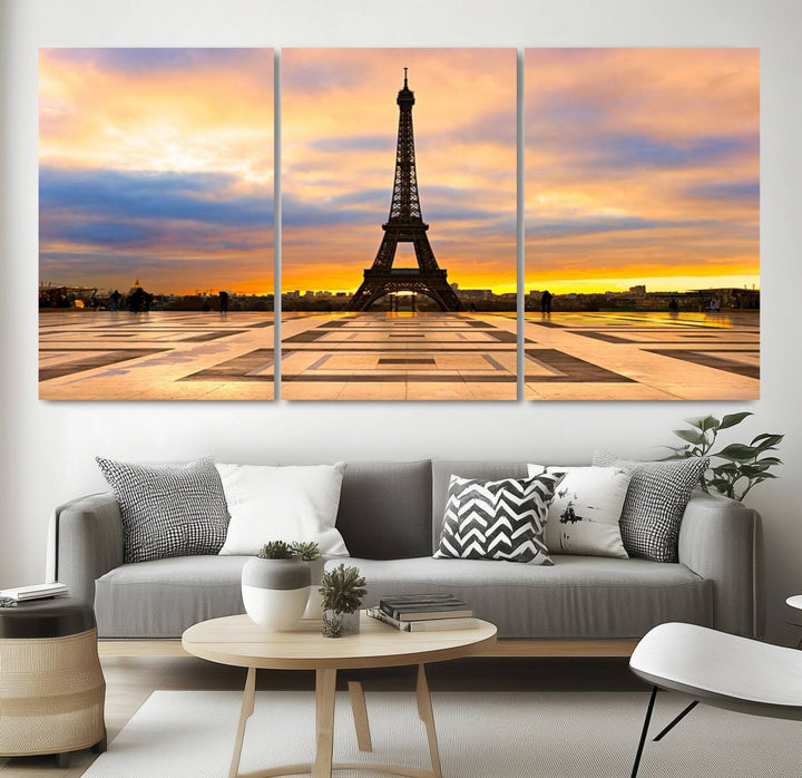 The "Paris Eiffel Tower Wall Art Canvas Prints" graces a wooden wall reminiscent of abstract expressionism.