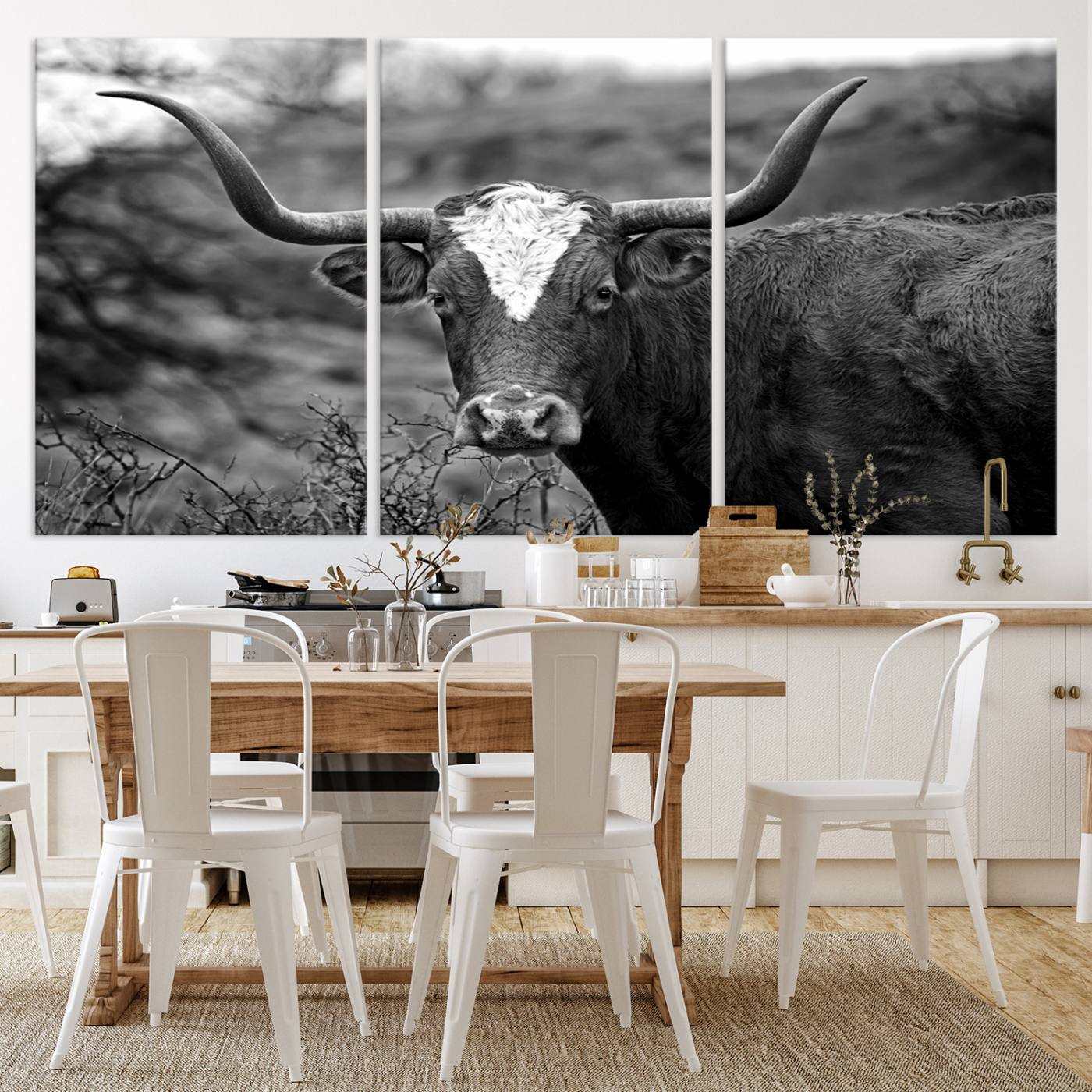 76200-MGV-CV-36X24-Western Home Wall Art Canvas Print, Framed Texas Longhorn Art Picture Print, Rustic Cow Perfect Rustic Farmhouse Decor Artwork