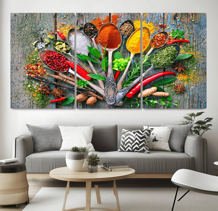 Vibrant Spoonful of Spices kitchen wall art canvas, a culinary triptych ideal for any dining room decor.