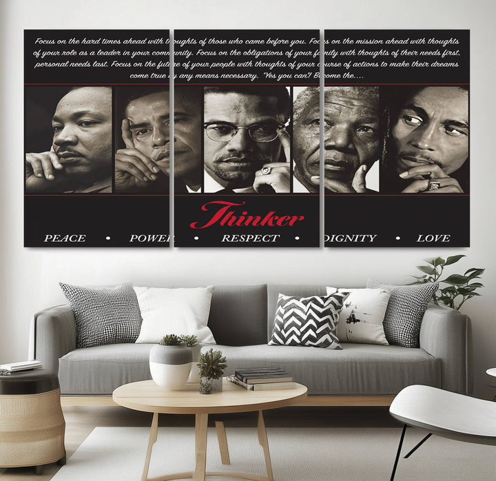 Thinker Wall art, Martin, Obama, Malcolm X, Mandela, Marley, Thinker Quintet Peace Power Respect Dignity Love Canvas Print, African Art Gift