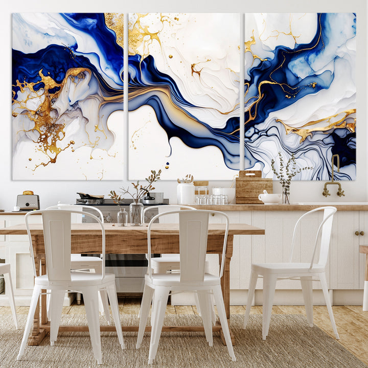 Golden Cascades on Midnight Blue wall art swirls above, featuring gold and white accents.