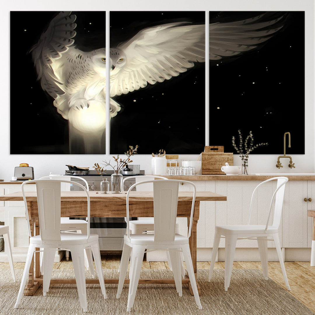 The Night Owl Art graces the wall with its depiction of a snowy owl on a glowing orb, perfect for modern decor.