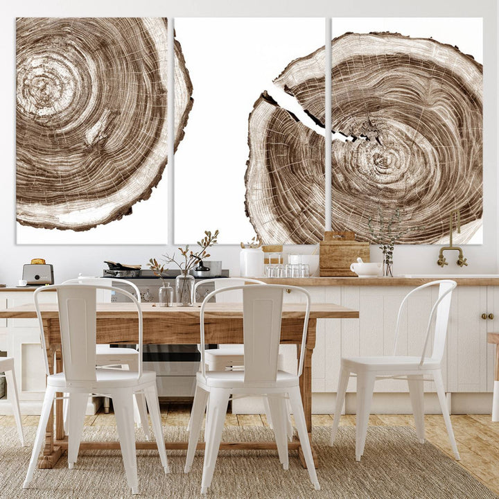 Wood Tree Ring Wall Art on a minimalist black and white canvas.