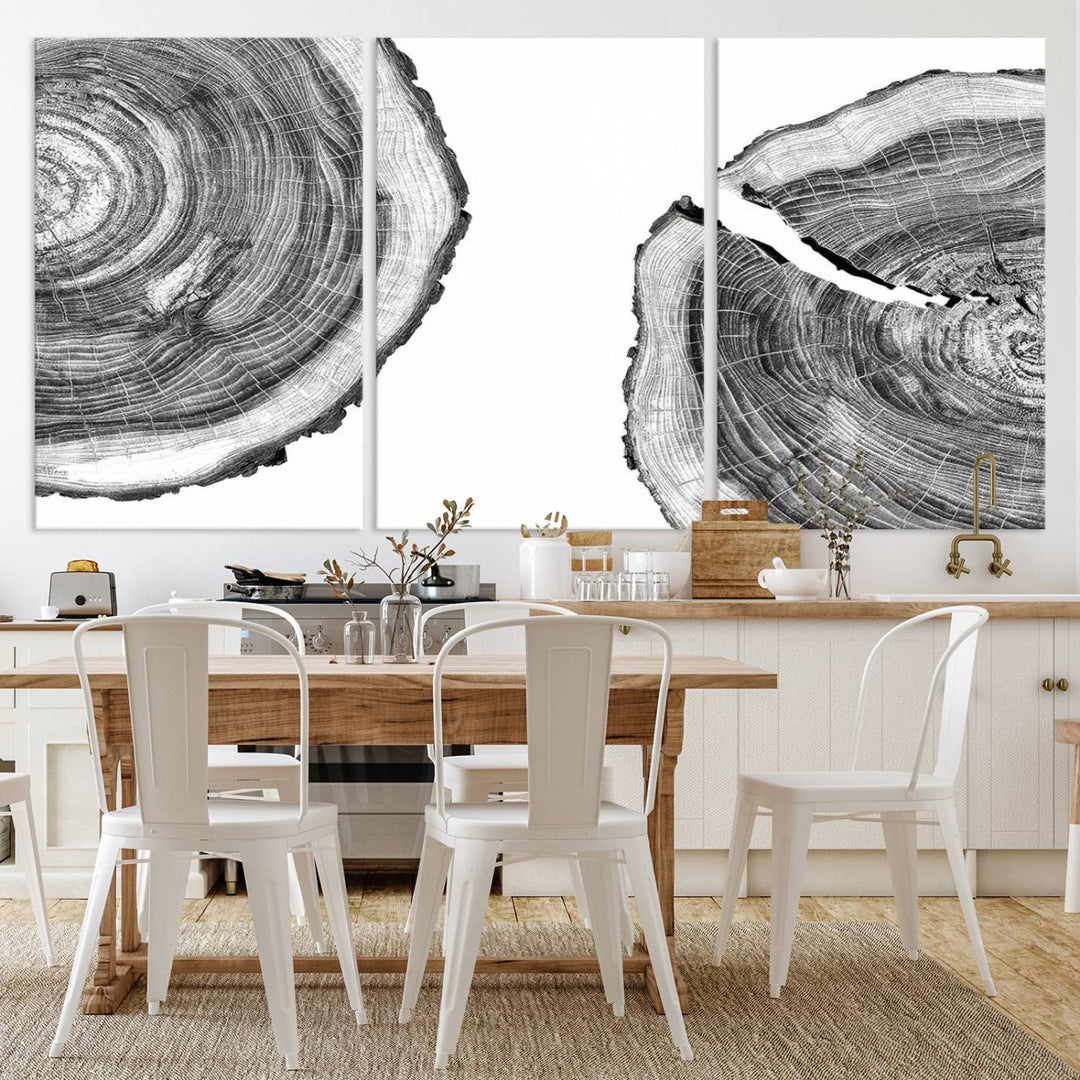 The minimalist art piece Abstract Large Tree Rings on canvas creates a striking focal point.