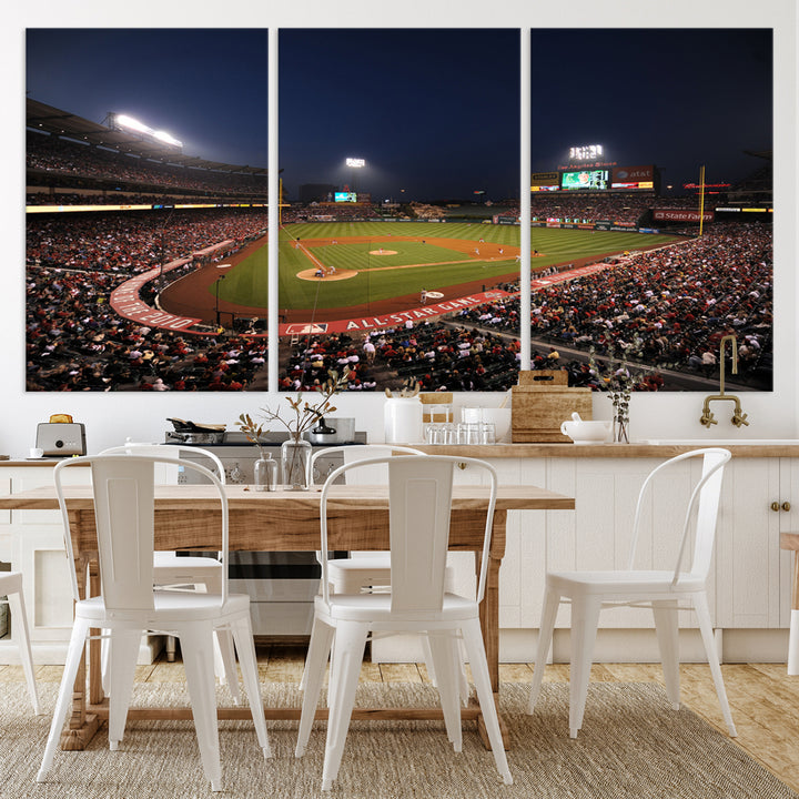 Aerial view of an LA Angels game at night, captured as stunning wall art on premium canvas, handmade in the USA.