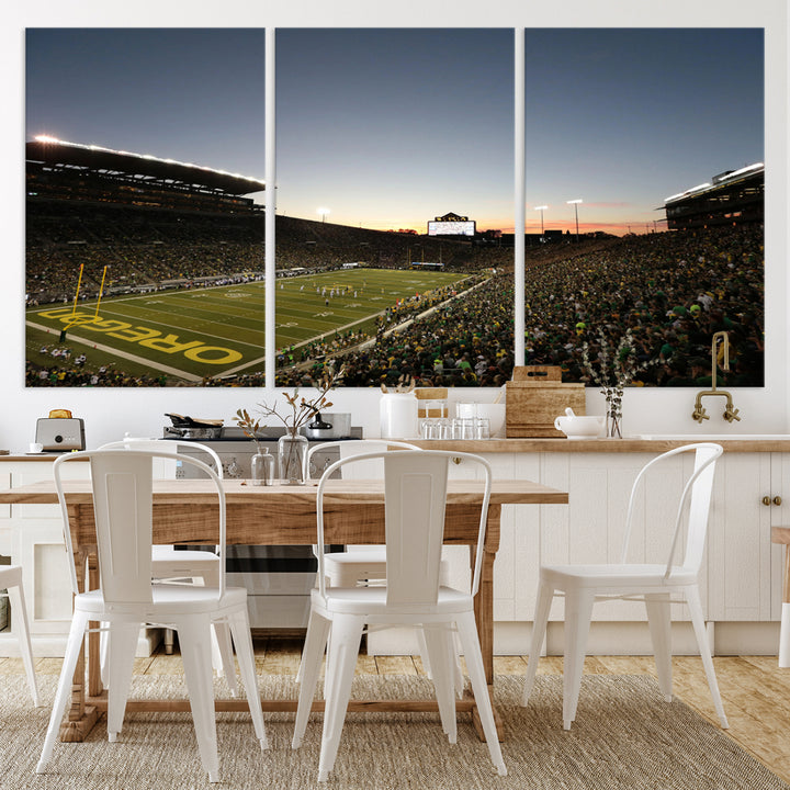 Canvas artwork depicting an Oregon Ducks football game at Autzen Stadium, capturing a sunset and packed stands.