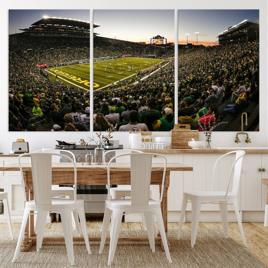 Autzen Stadium Evening Game Triple Canvas Wall Art - Oregon Ducks Football Match