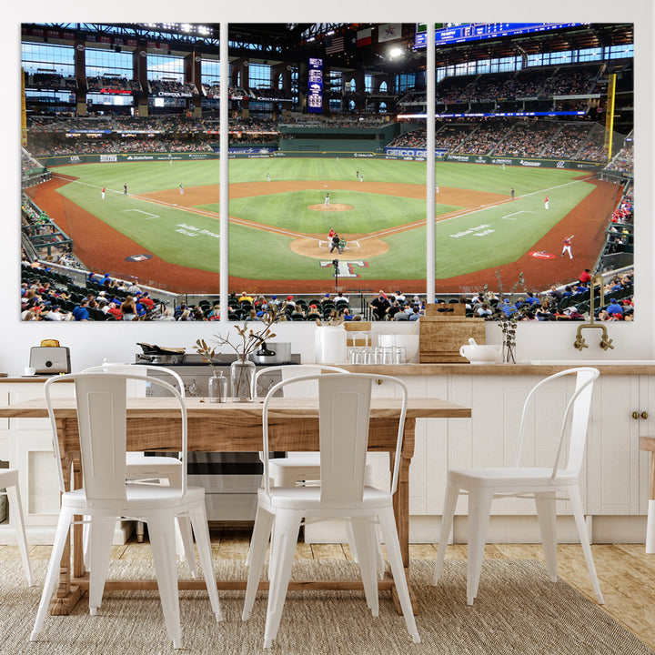 Admire the Texas Rangers Wall Art showcasing Globe Life Fields covered stadium and its lively crowd.