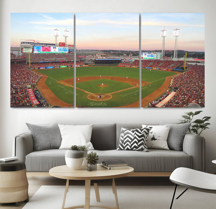 Cincinnati Reds game at sunset: Stadium wall art canvas.