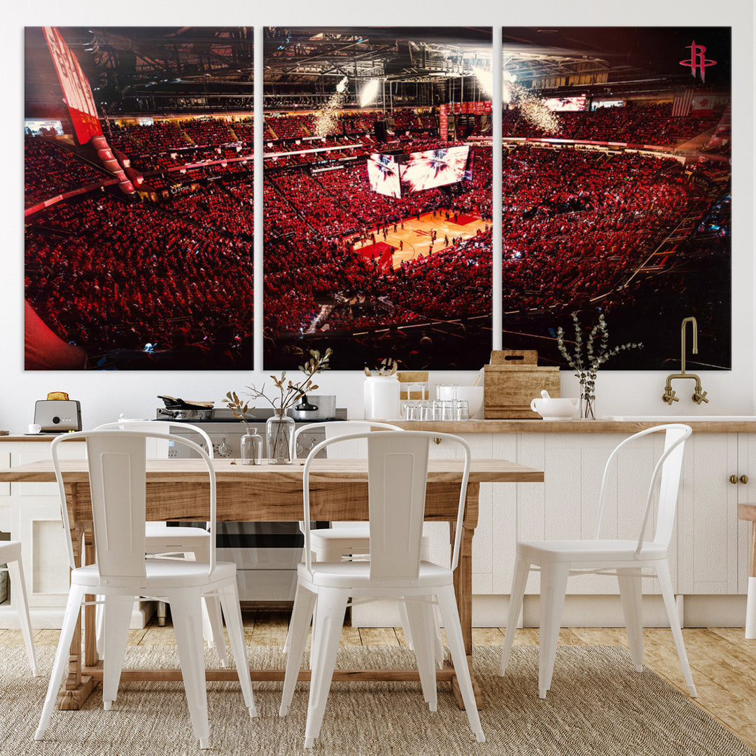 A crowded basketball arena with red lighting hosts a Houston Rockets game.