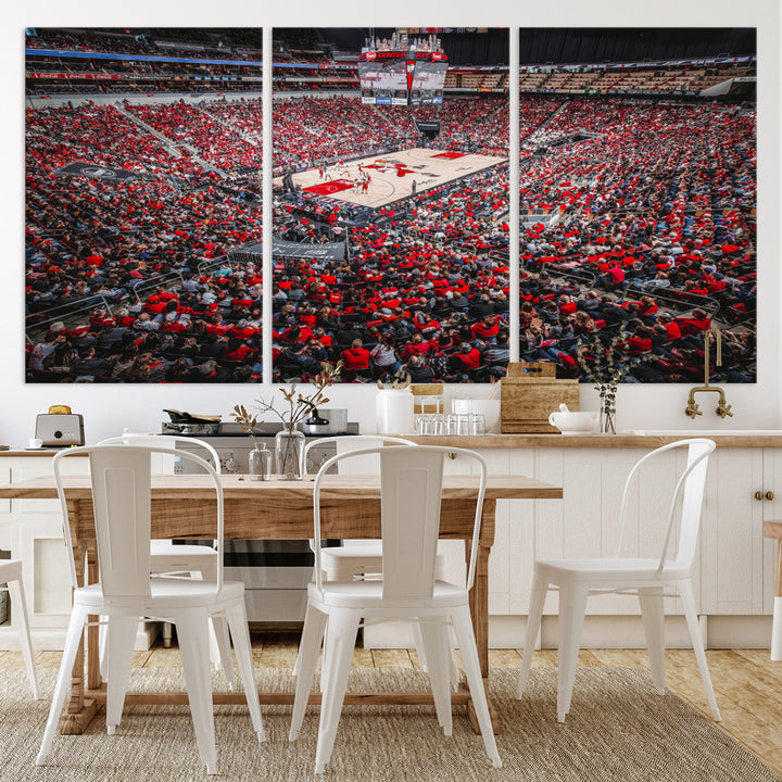 A painting of Louisville Cardinals fans in red at the KFC Yum Center Arena.