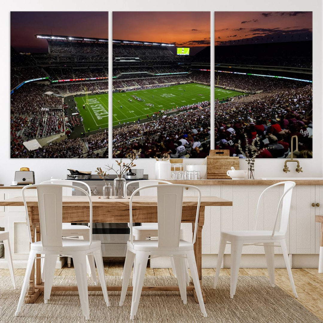 Texas A&M Aggies Football Team Print featuring Kyle Field Stadium in College Station, detailed wall art canvas print for Aggies fans and home decor.