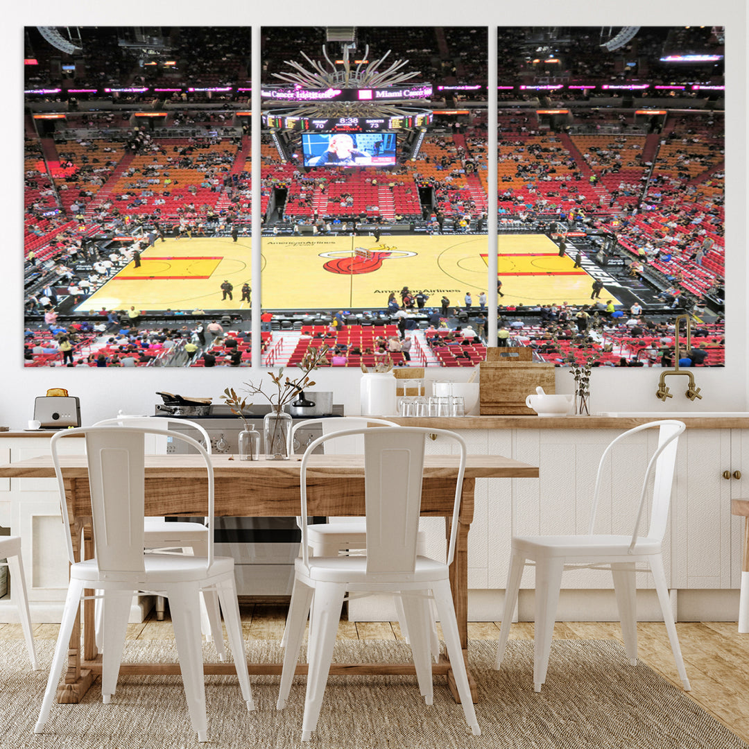 A Miami Heat Basketball Print showcases Kaseya Center Stadium Wall Art with a grand scoreboard.