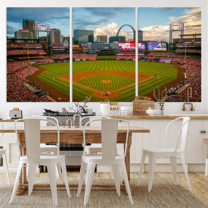 Canvas art of the St. Louis Cardinals Busch Stadium, capturing the citys skyline.