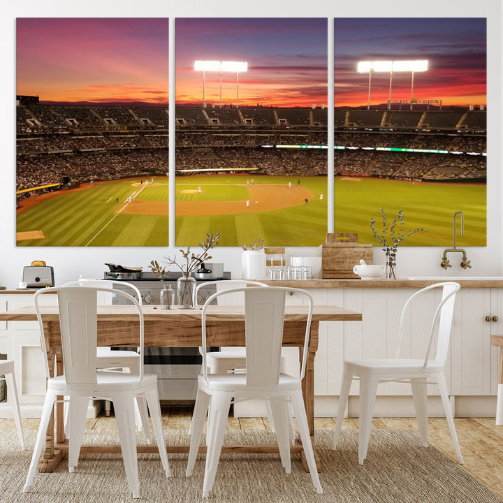 The Oakland Coliseum print is a museum-quality canvas depicting a full crowd and a sunset.