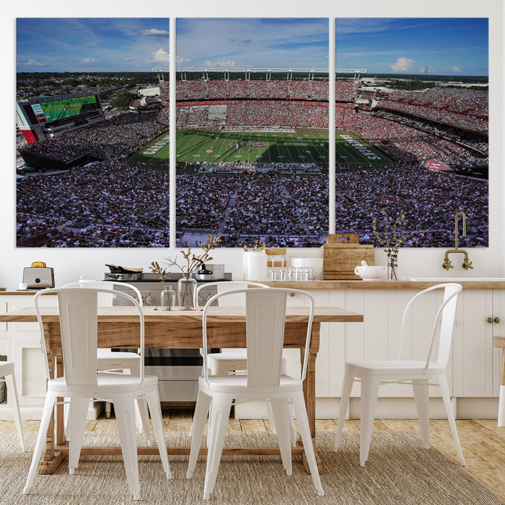 The wall art is a South Carolina Gamecocks print, showcasing Williams-Brice Stadium from a distance under clear skies.