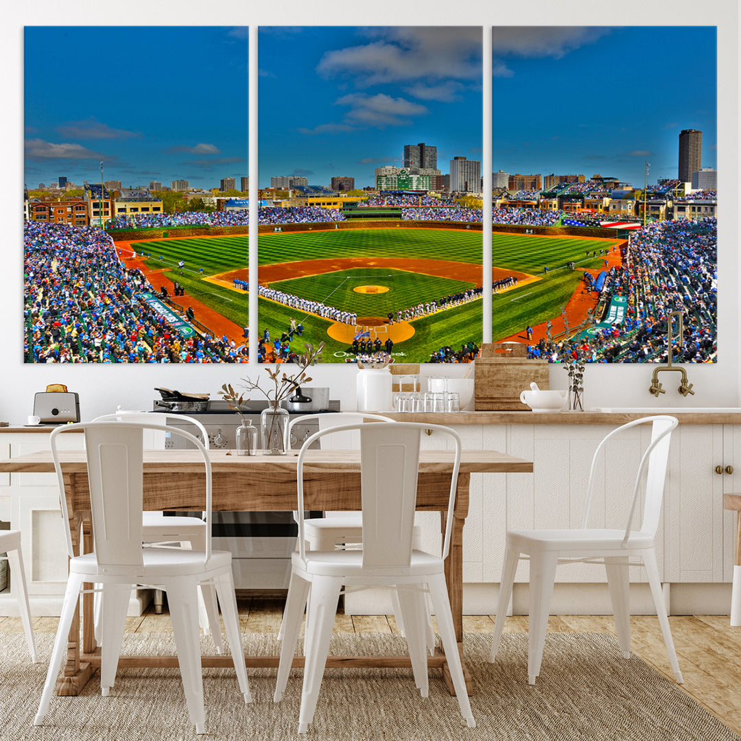 Wrigley Field Chicago Cubs Panoramic 3-Piece Canvas Wall Art - Iconic Baseball Stadium Print for Sports Lovers - Ready to Hang