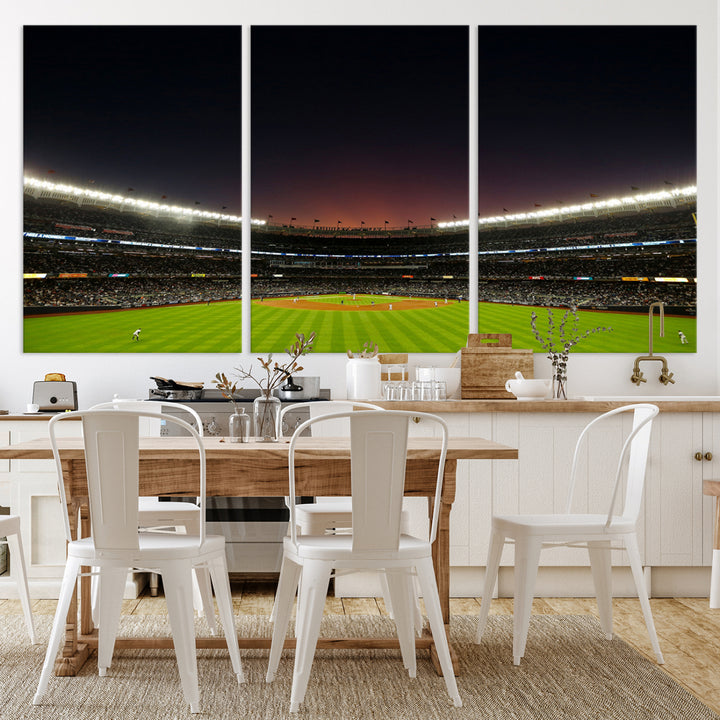 A night game at Yankee Stadium depicted on canvas beneath a sunset sky.