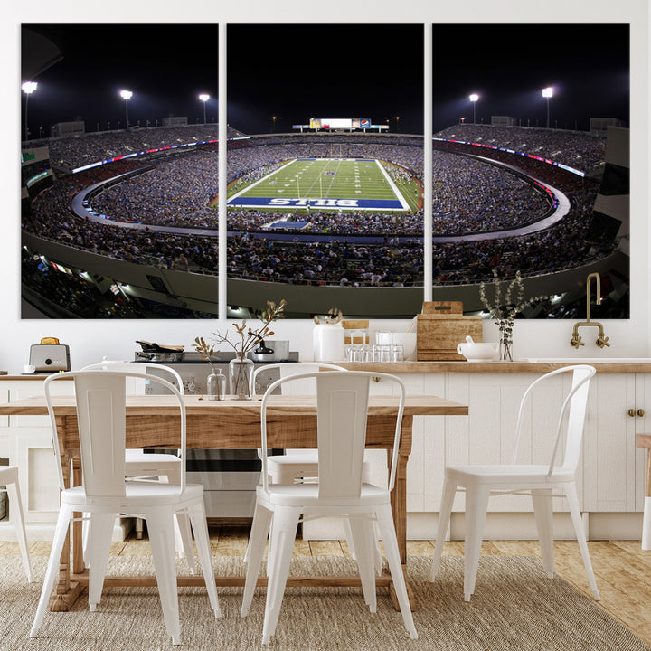 The Buffalo Bills NFL Highmark Stadium at night print captures the bright lights, conveying an exhilarating atmosphere.