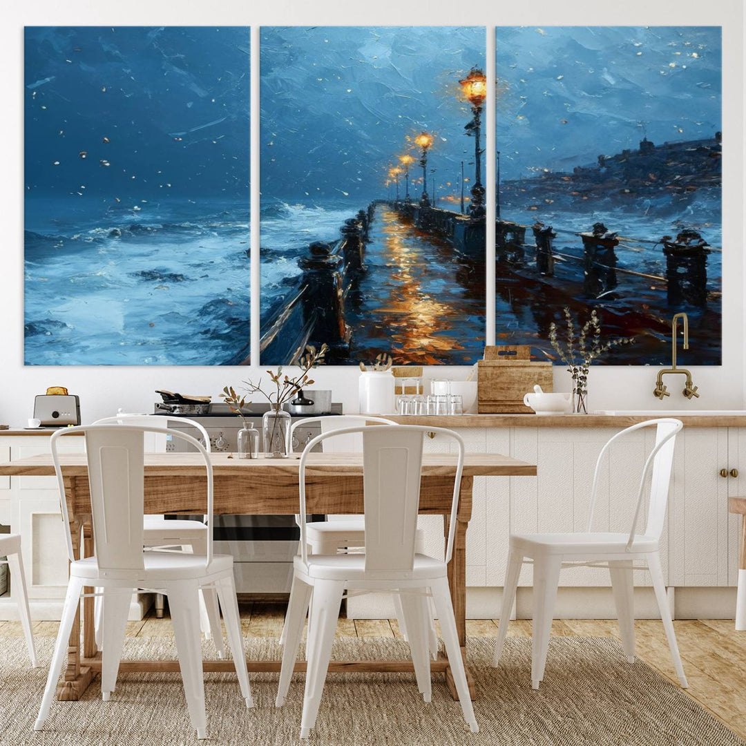 Framed 3-Panel Seaside Night Pier Oil Painting Canvas Wall Art | Ready to Hang Coastal Landscape Art for Modern Living Room, Office, or Bedroom Decor