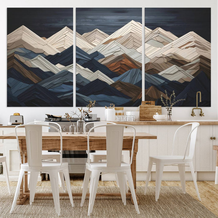 Wood Style Mountain Range Wall Art - Ready to Hang 3-Piece Set for Modern Rustic Decor, Abstract Wooden Design for Living Rooms, Bedrooms & Offices