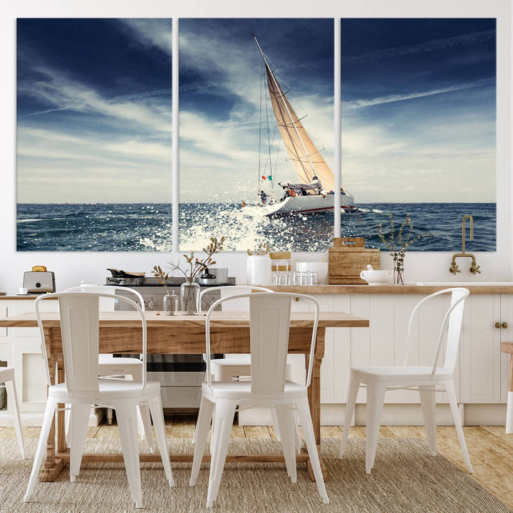 Sailboat Ocean Beach Blue Sky Wall Art Canvas Print